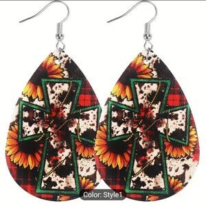 Cross earrings‎ teardrop faux leather new d81